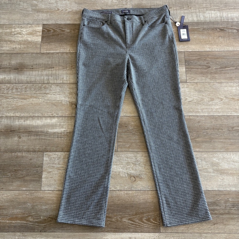 NWT NYDJ Marilyn Straight Pants Women 14 Black‎ White Houndstooth Stretch NEW
